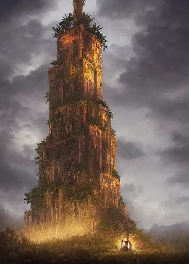 Prompt: A hyper realistic matte painting of a massive epic aztek tower with glowing engraved runes and dark windows an ominous sky an eerie jungle at twilight by keith parkinson, Christophe Vacher and Gregory Crewdson. Subject in view, golden ratio composition, moody volumetric lighting, very wide shot, f11:10, trending on artstation and cgsociety