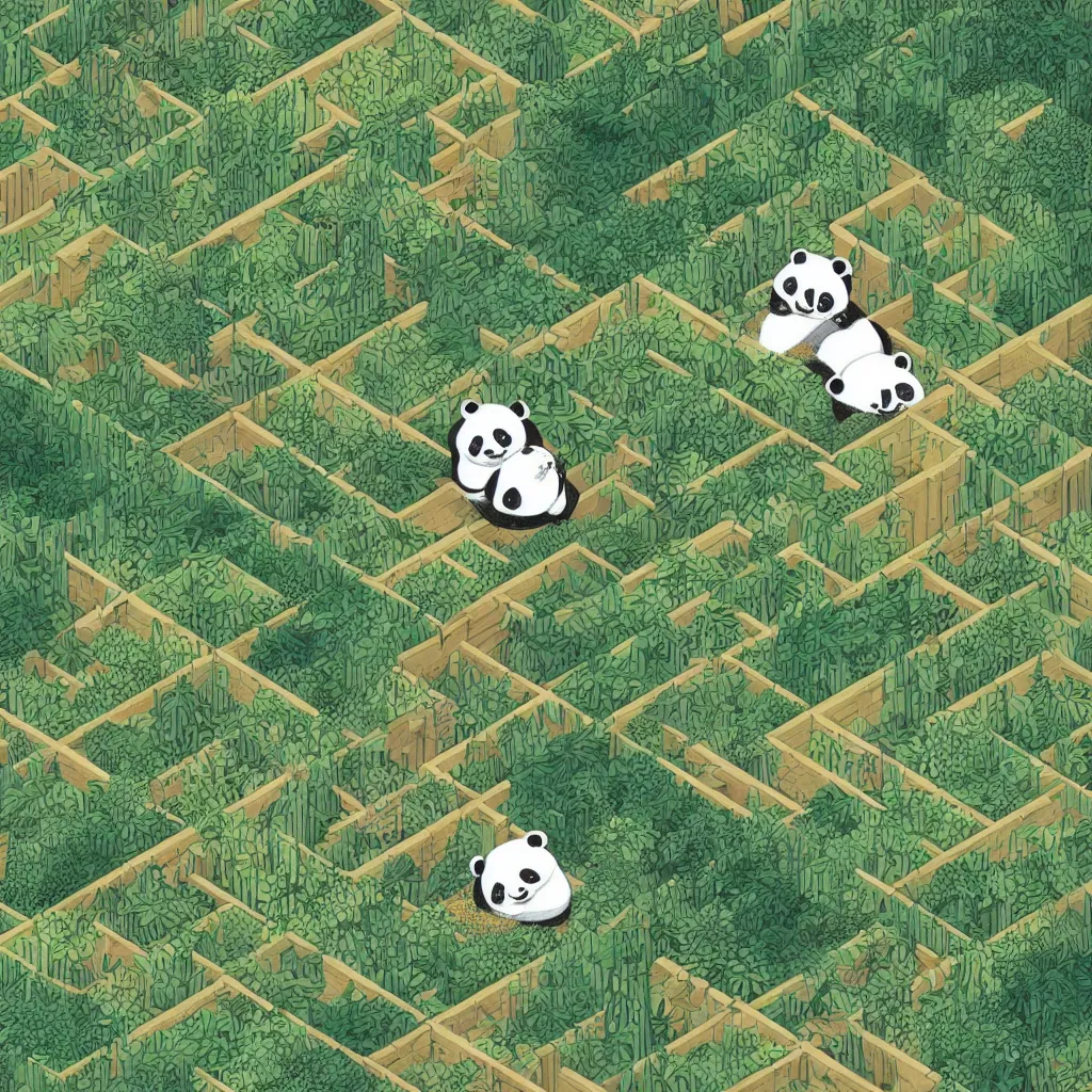 Image similar to isometric view illustration cute panda in bamboo forest, highly detailed mid day by victo ngai and malika favre, isometric, isometric view