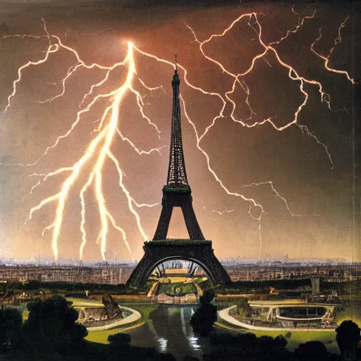 Prompt: eiffel tower struck by a lightning, painted by michelangelo