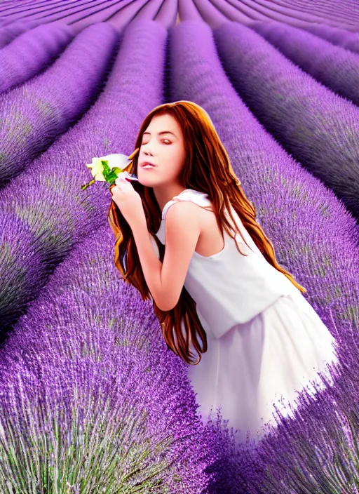 Image similar to girl eating a rose in a lavender field. by AquaSixio, hyperrealistic illustration, digital art, 4k, very detailed faces