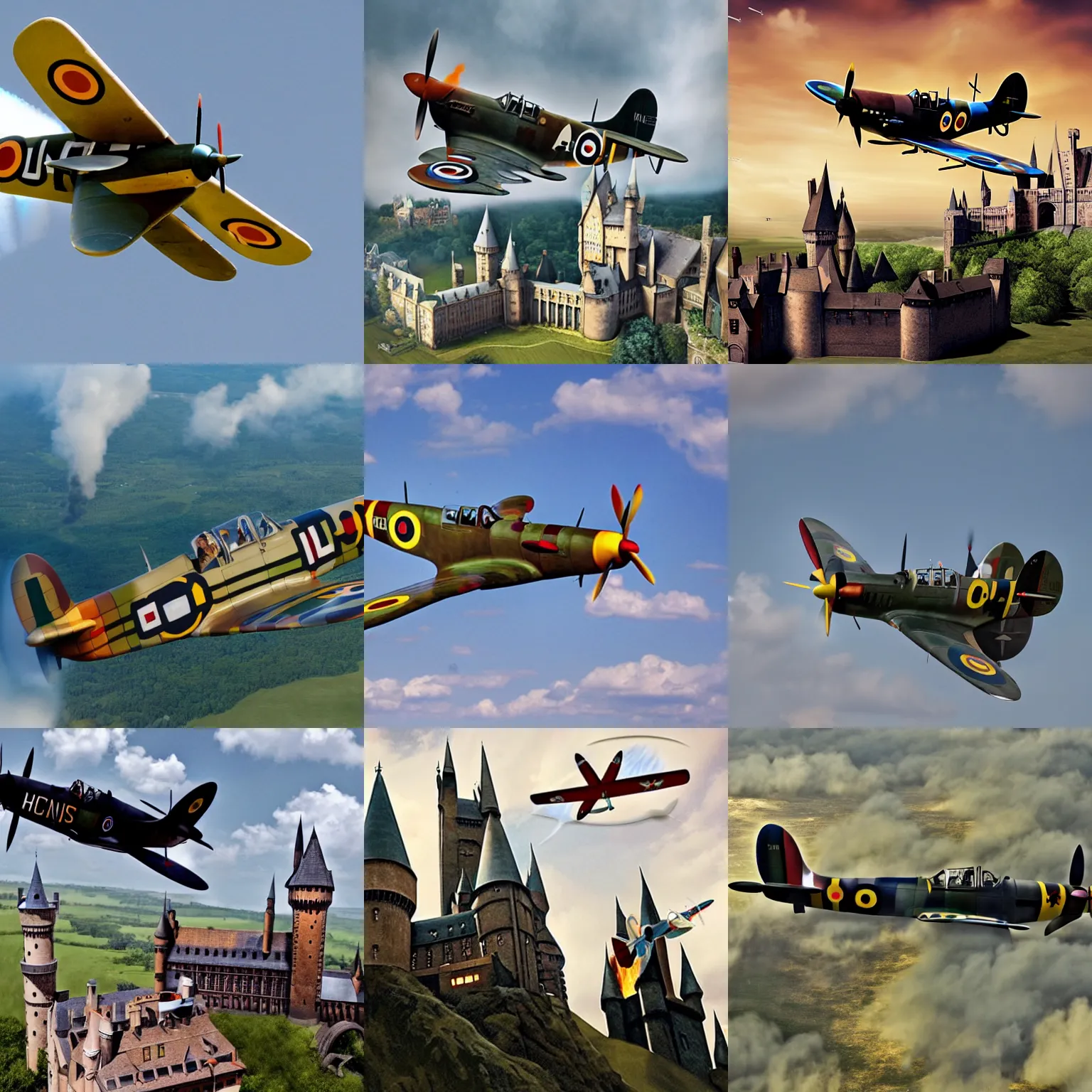 Prompt: A Spitfire plane flying over Hogwarts