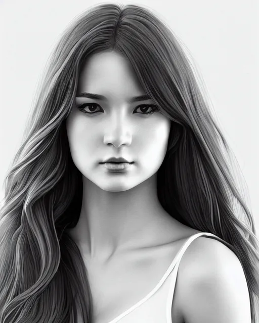 Image similar to full body portrait of a beautiful young woman in black and white, photorealistic, hair down to waist, sharp focus, in the style of Kevin Kostic, Stephen Lau and artgerm, hyper sharp focus, 8k highly detailed