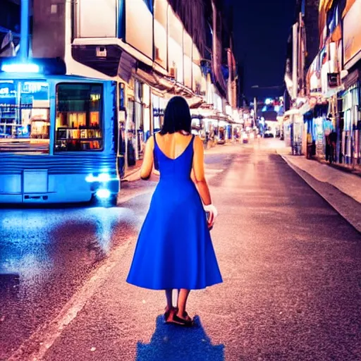 Prompt: a beautiful woman in a blue dress standing on a bustling cyberpunk city street at night