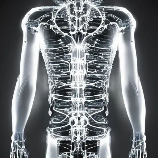 Prompt: portrait photo of cybernetic exoskeleton human, transparent body, fashion photography,