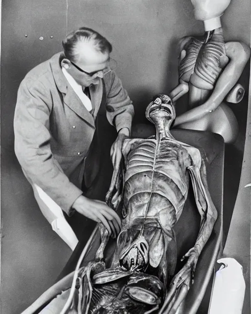 Image similar to Hyper realistic vintage photograph of an alien autopsy