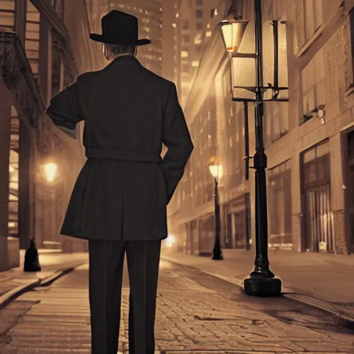 Image similar to a picture of a man with the face of humphrey bogart, wearing a 1 9 4 0's noire detective outfit with fedora and trench coat, standing in the streets of chicago at night, detailed unblurred face, 4 k octane render highly realistic digital painting