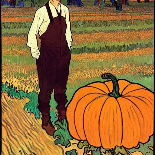 Image similar to painting of handsome young delicate beautiful jeffrey in his 2 0 s with brown hair and gorgeous rina together at the pumpkin patch in october, elegant, clear, painting, stylized, art, art by alphonse mucha, vincent van gogh, egon schiele