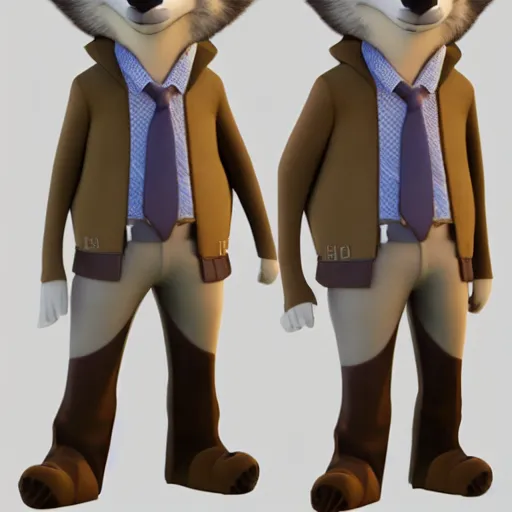 Image similar to portrait, 3d render , anthropomorphic wolf male , wearing a knee length brown jacket , in the style of Zootopia