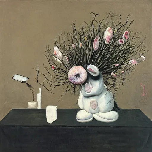 Image similar to “pig paintings and pig sculptures in a pig art gallery, pork, ikebana white flowers, white wax, squashed berries, acrylic and spray paint and oilstick on canvas, by munch and Dali”