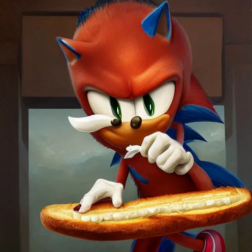 Prompt: A beautiful hyperrealistic detailed matte portrait painting of Sonic eating a sandwich of chorizo by andreas rocha and john howe and Martin Johnson