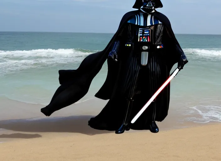 Prompt: darth vader frolicking at the beach