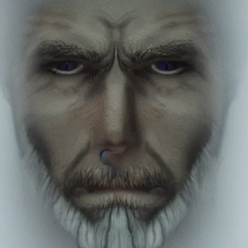 Prompt: close up realistic face of a druid man, light fog,