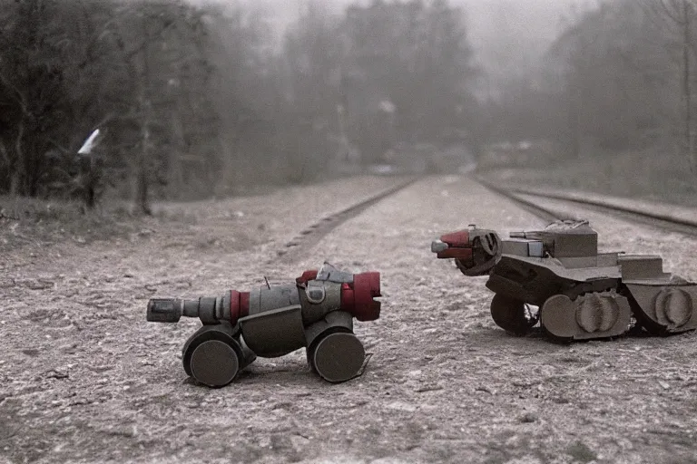 Image similar to giant oversized chubby bulky armored train Dachshund dog robot mech, with big pug head , rocket launcher , on a village , Cinematic focus, fujicolor photo, vintage, neutral colors, soft lights, foggy, panorama by by Serov Valentin, by lisa yuskavage, by Andrei Tarkovsky