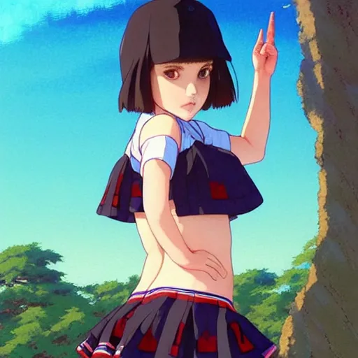 Image similar to a beautiful! boyish! natalie portman alluring gravure! model, wearing japanese school girl outfit with mayan pattern and native style, aztec street fashion, gapmoe yandere grimdark, trending on pixiv fanbox, painted by greg rutkowski makoto shinkai takashi takeuchi studio ghibli, akihiko yoshida