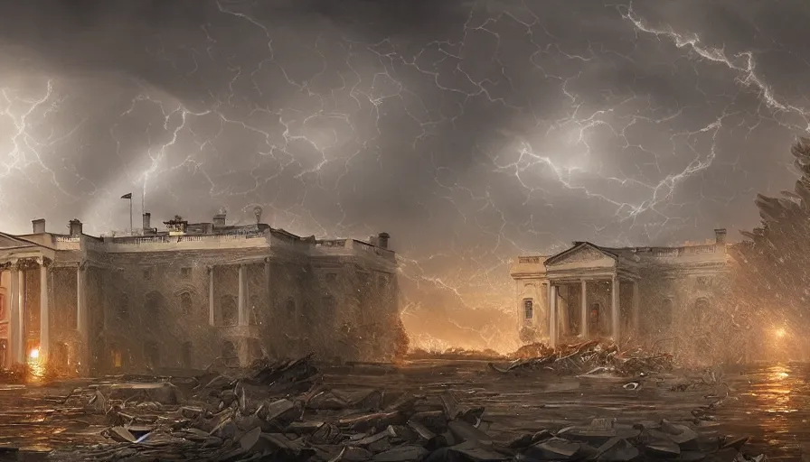 Image similar to washington during tsunami, rain, thunderstorm, destruction, destroyed white house, destroyed capitol, collapsed washington monument, hyperdetailed, artstation, cgsociety, 8 k