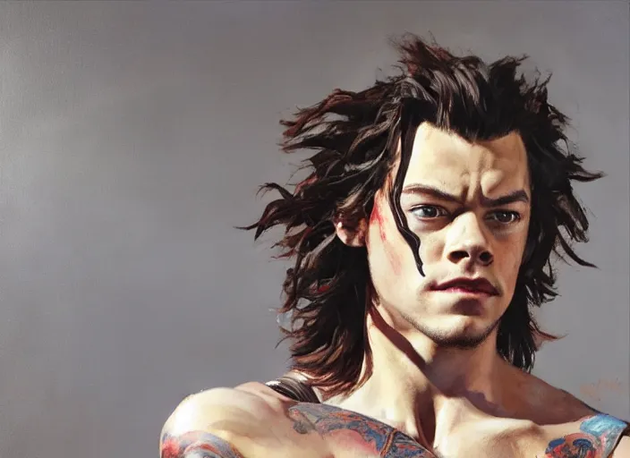 Prompt: a highly detailed beautiful portrait of harry styles as kratos, by gregory manchess, james gurney, james jean