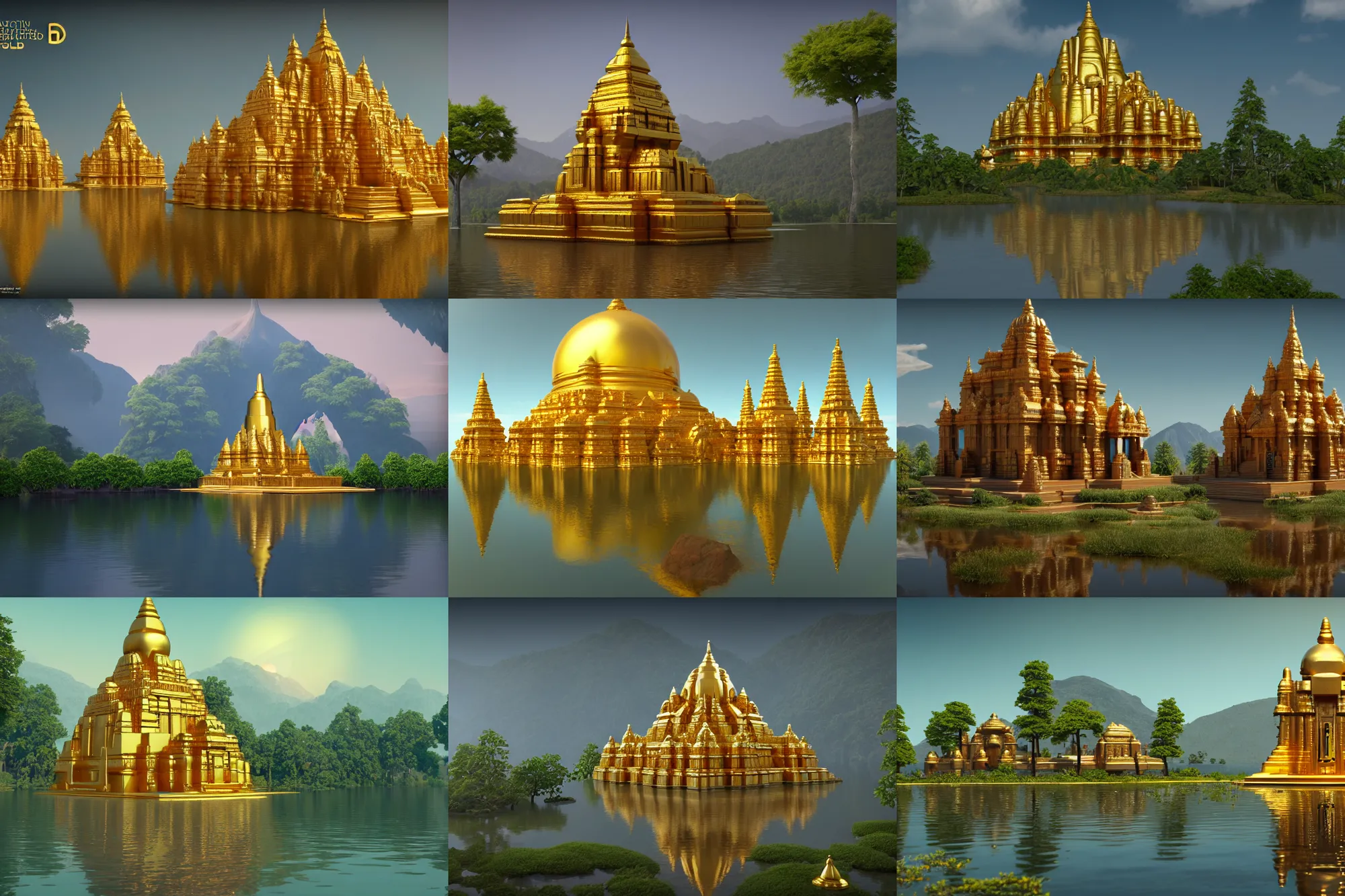 Prompt: an ancient scifi hindu temple made of gold in serene environment alongside a beautiful lake, art deco, oak trees, mountainous background, distant, high angle, wide angle, global illumination, trending on artstation, octane render, cgsociety, surrealist, cinematic, unreal engine 5