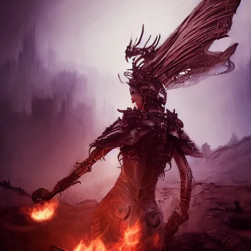 Prompt: Viking Queen, on a battle field, cyberpunk, future, armor, wood, fiction, fantasy, dystopian, phoenix dragon, butterfly squid, burning halo, intricate artwork by Guy Denning and Anna Dittmann very coherent artwork, cinematic, hyper realism, high detail, octane render, unreal engine, 8k, Vibrant colors, Smooth gradients, High contrast, ,