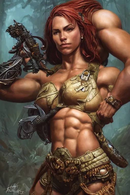 Prompt: full body portrait of a jungle fighter lady, muscular, upper body, arm tattoos, Warhammer 40k, fantasy, intricate, elegant, highly detailed, digital painting, artstation, concept art, matte, sharp focus, illustration, art by Artgerm and Greg Rutkowski and Craig Mullins and Ross Tran