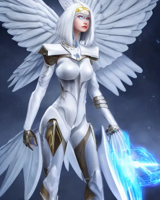 Image similar to perfect white haired attractive egyptian goddess with huge white dove wings, warframe armor, beautiful, symmetric, dreamy, charlize, pretty face, blue eyes, detailed, scifi platform, laboratory, experiment, 4 k, ultra realistic, epic lighting, android body, illuminated, cinematic, masterpiece, art by akihito tsukushi, voidstar