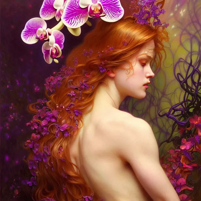 Prompt: psychedelic orchid, diffuse lighting, fantasy, intricate, elegant, highly detailed, lifelike, photorealistic, digital painting, artstation, illustration, concept art, smooth, sharp focus, art by John Collier and Albert Aublet and Krenz Cushart and Artem Demura and Alphonse Mucha