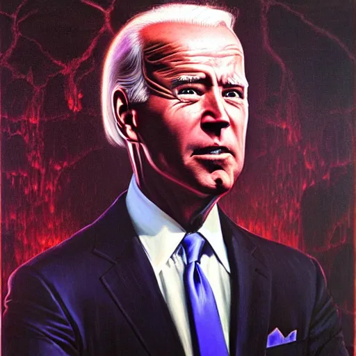 Image similar to epic Joe Biden in pandemonium, demons and souls, portrait, art by Wayne Barlowe, oil on canvas