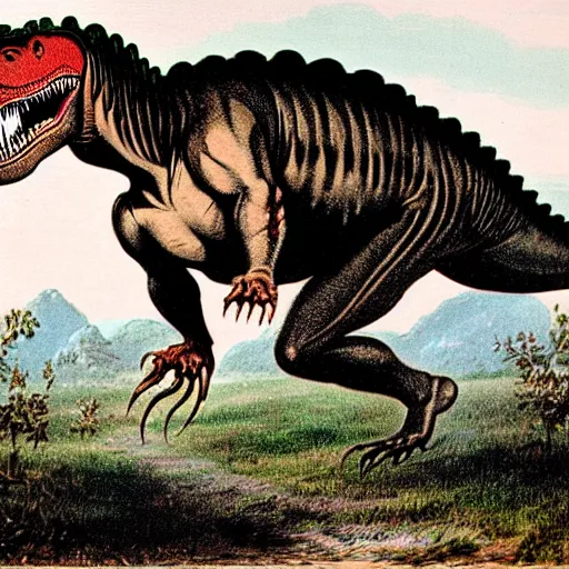 Image similar to antique lithograph from 1 9 0 0 of mr t as a tyrannosaurus rex, running in a field