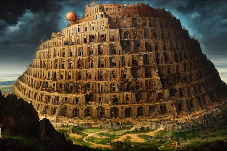 Image similar to tower of babel, oil painting, epic, cinematic, highly detailed, full res, video game, featured on artstation