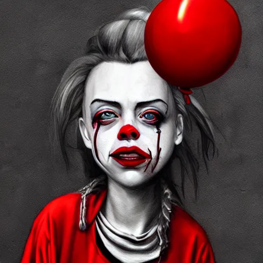 Image similar to surrealism grunge cartoon portrait sketch of billie eilish with a wide smile and a red balloon by - michael karcz, loony toons style, pennywise theme, horror style, detailed, elegant, intricate