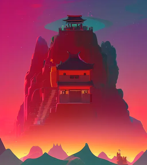 Prompt: a building in a stunning landscape with a zen temple and mountains in distant background by Anton Fadeev and Simon Stalenhag seed=2127256747 W 1024