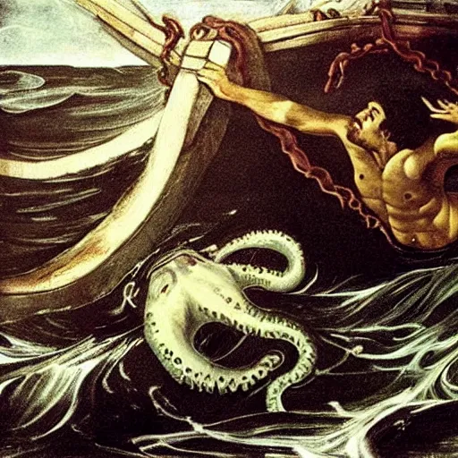 Prompt: Kraken pulling Titanic into the sea. Painted by Caravaggio. High quality.