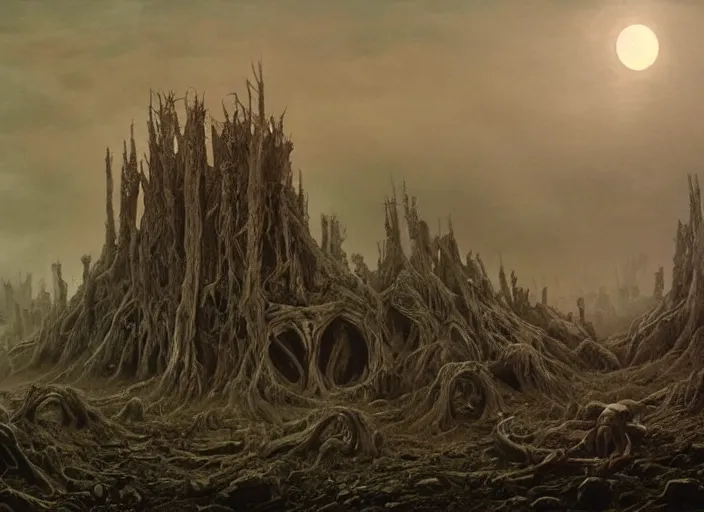 Prompt: a dramatic matte painting of The Tomb in the dystopian landscape is opening through the ground, the dead has arisen under the glowing moon, dead trees and a brooding landscape by Giger and Dariusz Zawadzki and Beksinski