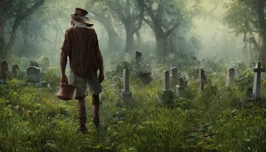 Prompt: old man with his can and hat walking in cemetery covered by vegetation, hyperdetailed, artstation, cgsociety, 8 k