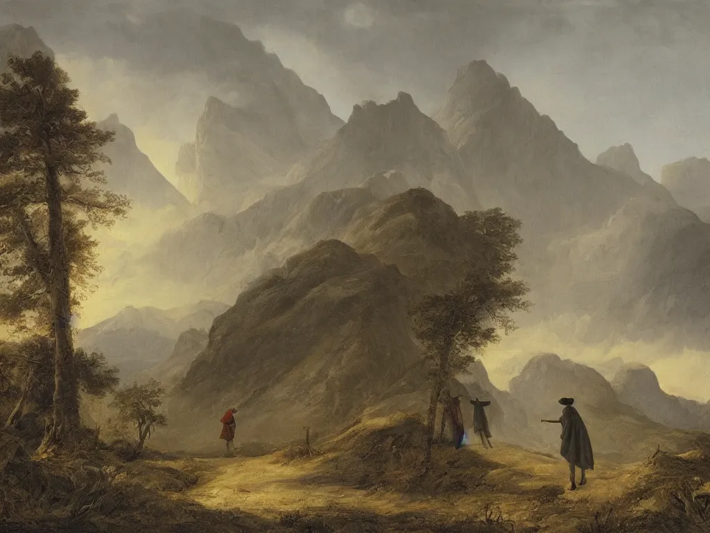 Prompt: a man in a cloak and a brimmed hat with a staff is wandering trough the mountains with a wooden cabin in the distance in the style of neo-romanticism