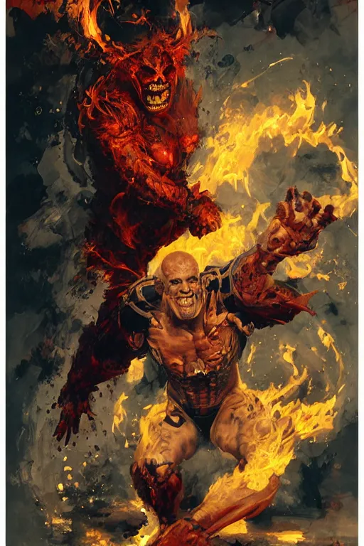 Image similar to full body portrait of martyn ford as flaming demon, dynamic action, by norman rockwell, jack kirby, bergey, craig mullins, ruan jia, jeremy mann, tom lovell, marvel, astounding stories, 5 0 s pulp illustration, scifi, fantasy