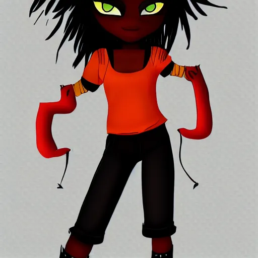 Prompt: tomboy cartoon girl with dark skin, black hair, wolf ears and glowing orange eyes, deviantart, artstation