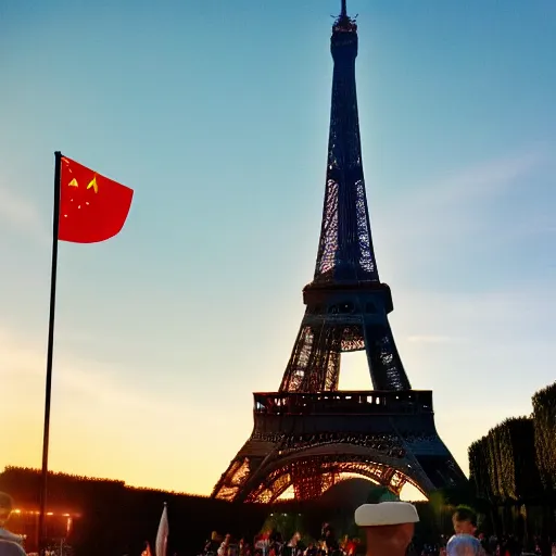 Prompt: Eiffel tower at sunset with Chinese tourists everywhere, Chinese flags