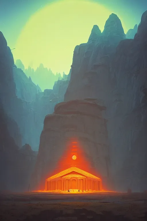 Image similar to traditional temple glowing orange in canyon, lightstreaks and planets in the sky, dramatic lighting, artstation, matte painting, ralph mcquarrie, simon stalenhag