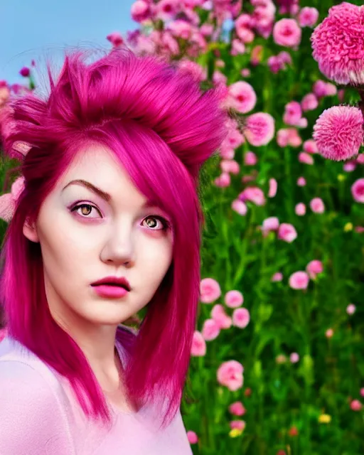 Image similar to beautiful girl, pink glowing hair, wind blowing, big eyes, cute, clear clean face, symmetrical face, blurry background, posing, high contrast, three quartered turned angle, surrounded by flowers