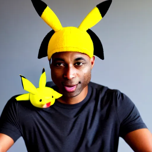 Prompt: a bald black man with a pikachu hat, close up