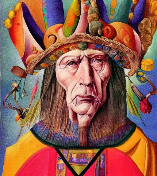 Image similar to Portrait painting in a style of Hieronim Bosch of an old shaman dressed in a colorful traditional clothes.