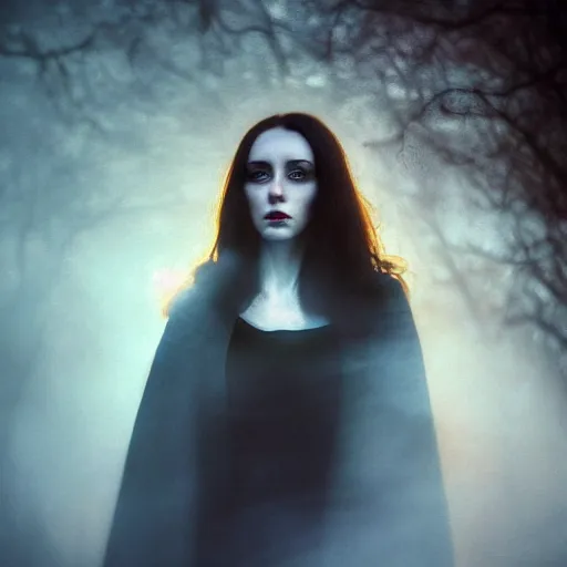 Image similar to riveting charismatic brunette female vampire, portrait, atmospheric lighting, painted, intricate, highgate cemetery, fog, cold, volumetric lighting, beautiful, blue moon light, sharp focus, deep colours, ultra detailed, by leesha hannigan, ross tran, thierry doizon, kai carpenter, ignacio fernandez rios