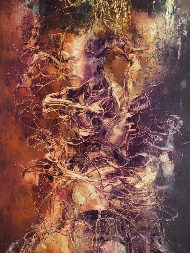 Image similar to a beautiful glitched painting by robert proch of an anatomy study of the human nervous system, color bleeding, pixel sorting, copper oxide and rust materials, brushstrokes by jeremy mann, cold top lighting, pastel purple background