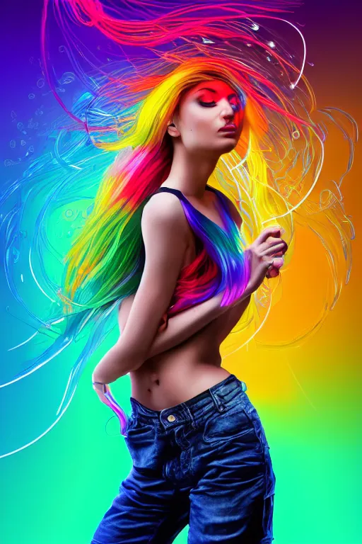 Image similar to a award winning half body portrait of a beautiful woman with stunning eyes in a croptop and cargo pants with rainbow colored ombre hairstyle head in motion and hair flying by thomas danthony, surrounded by whirling illuminated liquids and lines, outrun, vaporware, shaded flat illustration, digital art, trending on artstation, highly detailed, fine detail, intricate