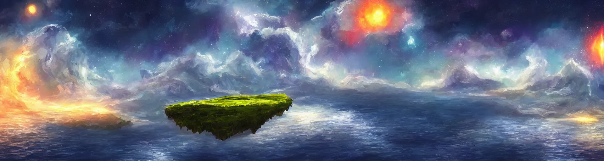 Prompt: landscape painting of an island floating in space. detailed digital painting. fantasy concept art.