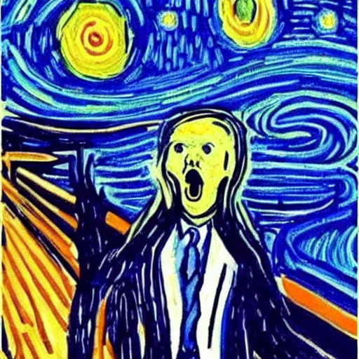 Prompt: donald trump as edvard munch's the scream, van gogh's the starry night in the background