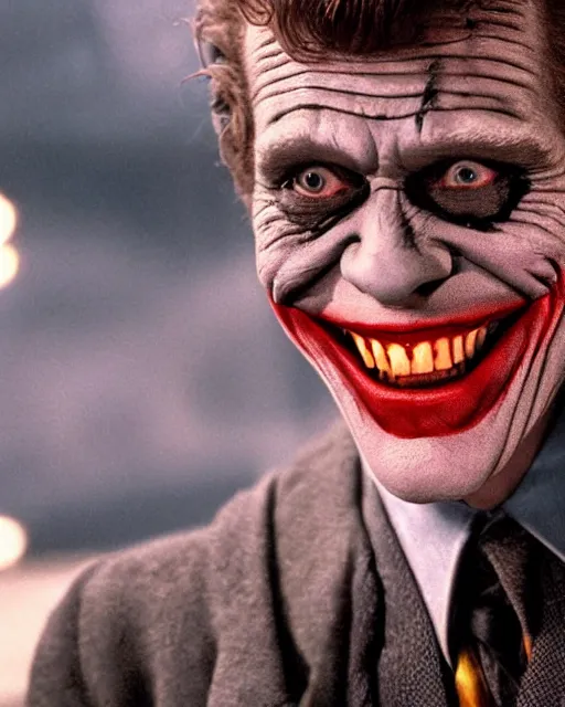 Prompt: a movie still of Batman starring Willem Dafoe as the Joker smiling, 8k, Technicolor, telephoto lens, detailed skin, detailed realistic eyes, medium shot, mid-shot