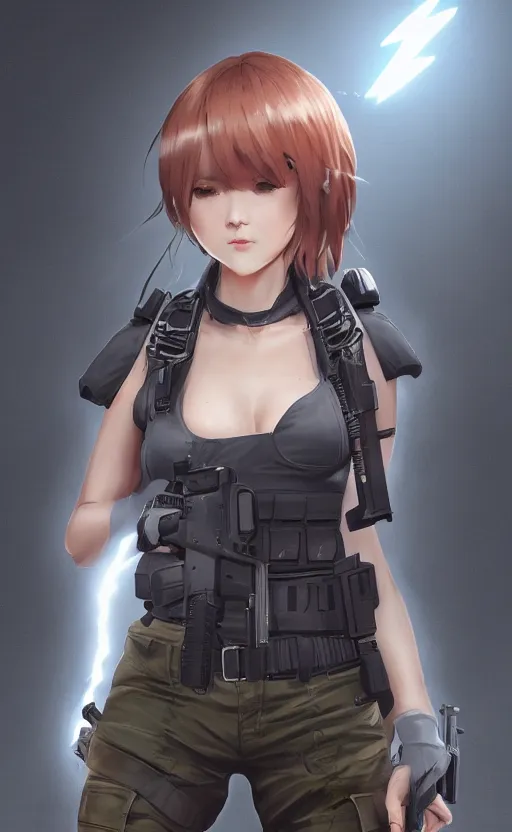 Prompt: highly detailed, high resolution, character design art, stunning, volumetric lightning, realistic guns, girls frontline style, matte, sharp focus, 130mm, illustration, artstation, by ilya kuvshinov, professional result, realistic human anatomy, simple design, realistic military gear, metal gear style