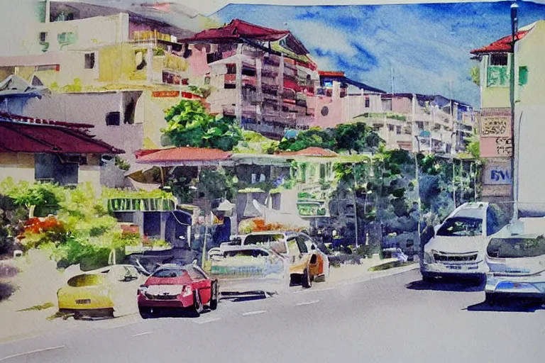 Image similar to !! watercolor!! penang road in a sunny day, artwork by tooth wu, colorful contrast, dark shadow, thick lineart