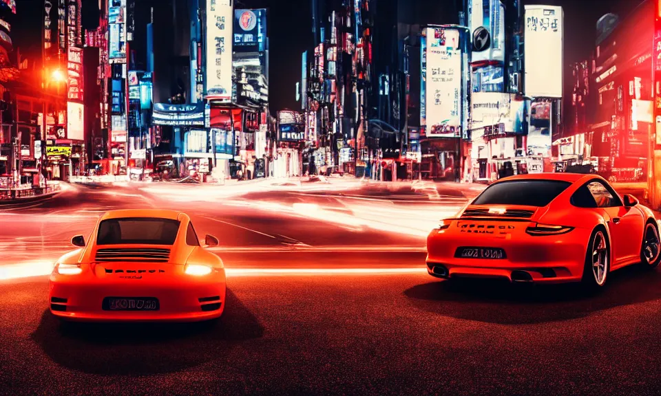 Prompt: photo of a porsche 911 at night driving fast through a city, cinematic, 4k, long exposure photography, tokyo drift, fast and furious, film still, night photography, motion blur, lens flare, movie shot, light trail, distortion, wide angle